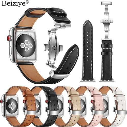 Leather Watchband For Apple Watch Band 42mm 38mm Starp for iwatch 40mm 44mm Series SE 6 5 4 3 Butterfly Buckle band Wrist Strap