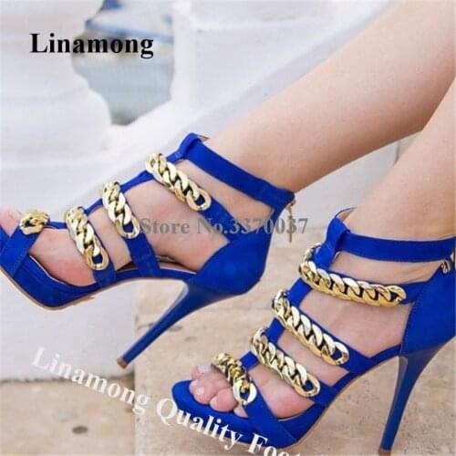 Linamong Summer Gold Chains Stiletto Heel Gladiator Sandals Blue Suede Platform High Heel Sandals Dress Shoes Big Size Shoes