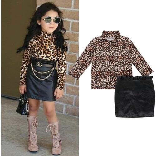Fashion Toddler Baby Girl Clothing Set Leopard Tops T-Shirt Ruffle Leather Zipper Hip Skirt Dress Baby Girl Clothes Outfits Set