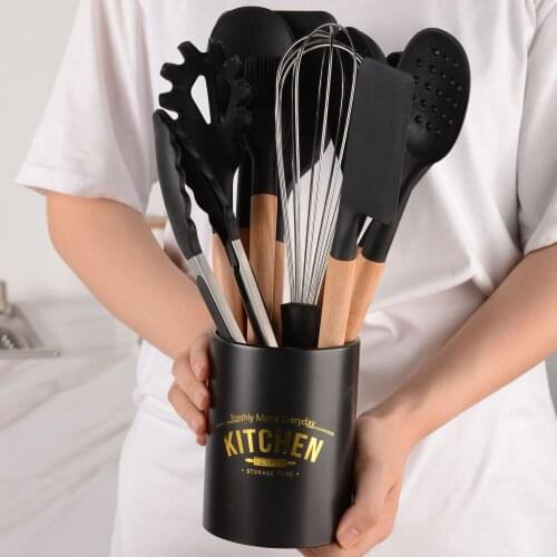 10 pcs set Black Cooking Silicone Utensils With Beech wood handle Multifunction Handle Non-Stick kitchen gadget and accessories