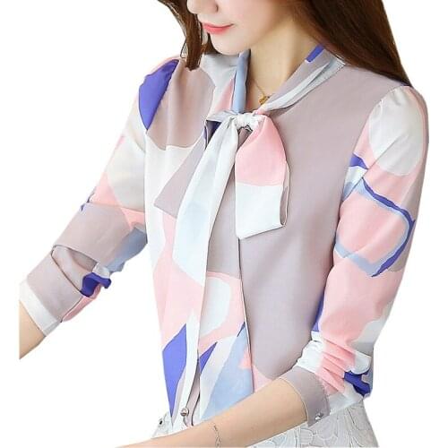 2019 New long-sleeved chiffon mulheres camisa blusa gola laCo das mulheres roupa OL blusa mulheres impresso tops