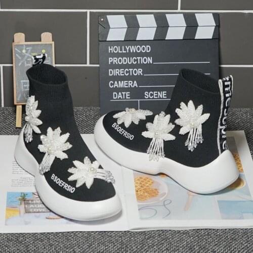 2021 new heavy industry beaded tide brand elastic knitted socks shoes womens thick-soled sports high-top casual shoes