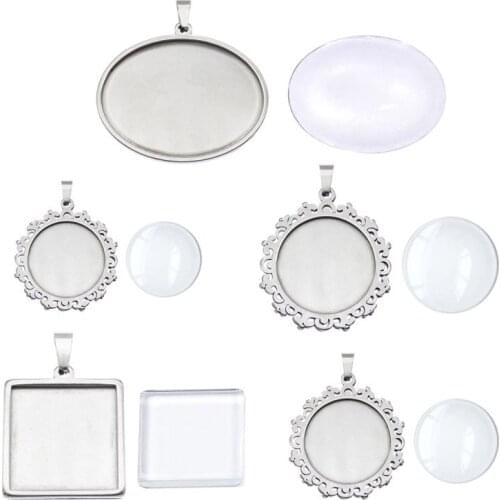 Julie Wang 5PCS Stainless Steel Cabochon Base Setting Charms Mix Round Oval Square Blank Tray Bezel Jewelry Making Accessory
