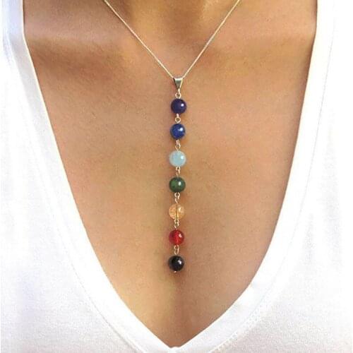 2021 New 7 Chakra Gem Stone Beads Pendant Necklace Women Yoga Reiki Healing Balancing Maxi Chakra Necklaces Bijoux Femme Jewelry