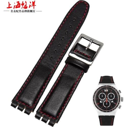 17mm Genuine leather watch band for SwatchYCS YAS YGS Black red Line straps free shipping
