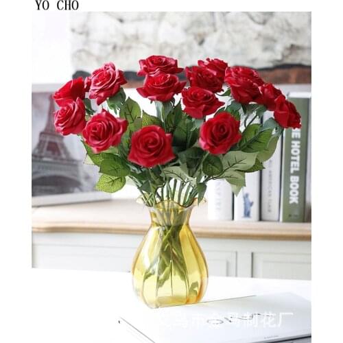 YO CHO Real Touch Rose Aritificial Flowers 1 Single Branch Silk Red Rose Artificial Flower Decoration for Wedding Home Decor