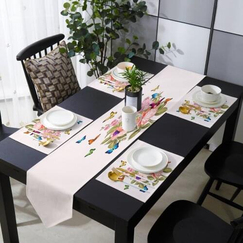 Pink Flower Illustration Butterfly Table Runner Table Mats Cover For Home Wedding Banquet Festival Party Hotel Decoration