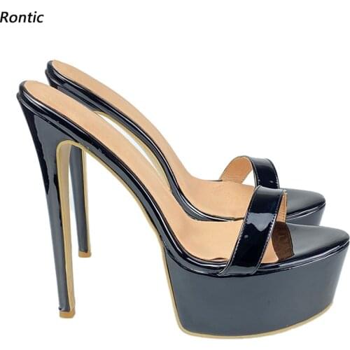 Rontic Handwork Women Platform Sandals Patent Leather Sexy Stiletto Heels Open Toe Elegant Black Casual Shoes Size 34 45 47 52