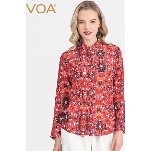 VOA 100% Mulberry Silk Lapel Long Sleeve Red Watercolor Printing and Dyeing Single Row Button Straight Wild Shirt BG10