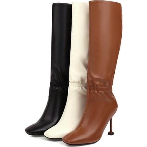 Women Knee High Boots Winter And Autumn Knee High Shoes Big Size Black Genuine Pu Women Zipper Square head Boots