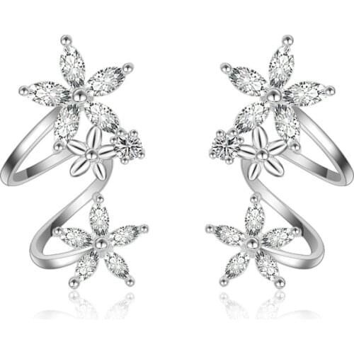 Trendy Luxury Sterling Silver Cubic Zircon Crystal Ear Clip Jewelry For Women Fashion Filver Leaves Ear Cuff Earring