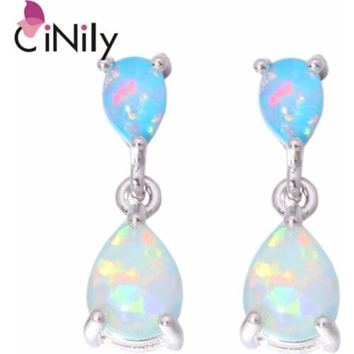 CiNily Created Green Rainbow Pink Blue Fire Opal Silver Plated Wholesale for Women Jewelry Stud Earrings 3/4" OH2746-47
