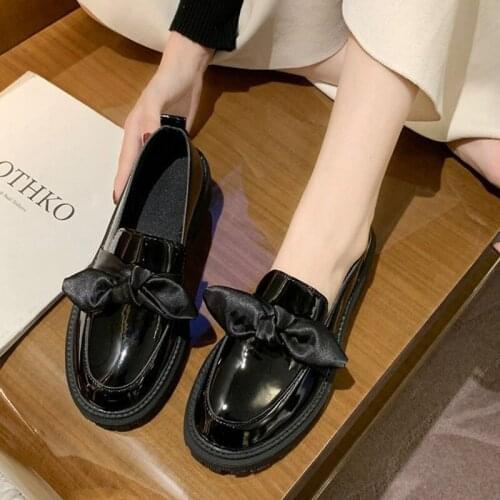 2021 Women Bow Knot Pumps Female Office Loafers Ladies Platform Low Heels Womens PU Leather Shoes Woman Slip On Footwear