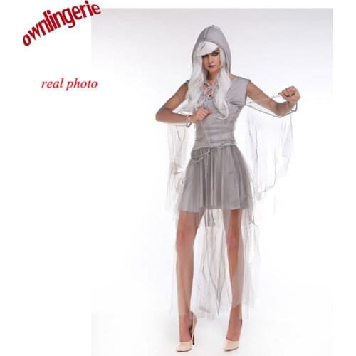 Women Halloween Gothic Genius Horror Chains Mesh Cloak Costume Cosplay Adult Costume Grim Reaper Hooded Costume Mesh Long Sleeve