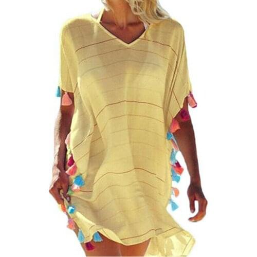 2019 Summer Dress Women Tassel Bikini Cover Up Striped Pullover Swimsuit Beach Dress Kaftan Beach Swimsuit Beachwear Cover Up