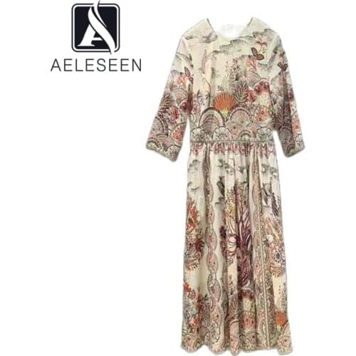 AELESEEN 100% Cotton Women Dress 2021 High Quality Designer Spring Sumer Flower Print Beige Black With Belt Elegant Long Dress