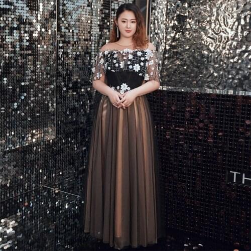 Evening Dresses O-Neck Short Sleeve Appliques Bling Women Party Dress Elegant A-line Ankle-length Plus Size Formal Gowns D427