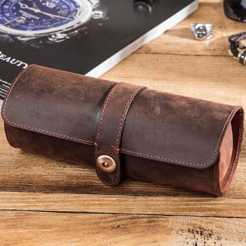 3 Slots Genuine Leather Watch Roll Travel Case Portable Vintage Horse Leather Display Watch Storage Box Watch Organizers