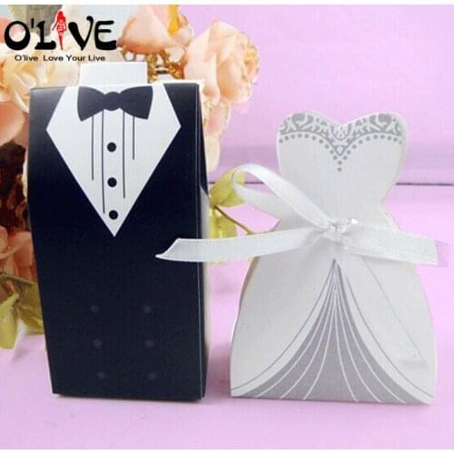 50 Pairs Candy Boxes Wedding Favor Gift Boxes Paper Ribbon Bride Groom Suit Dress Dragees Wedding Boxes Packing DIY Supplies
