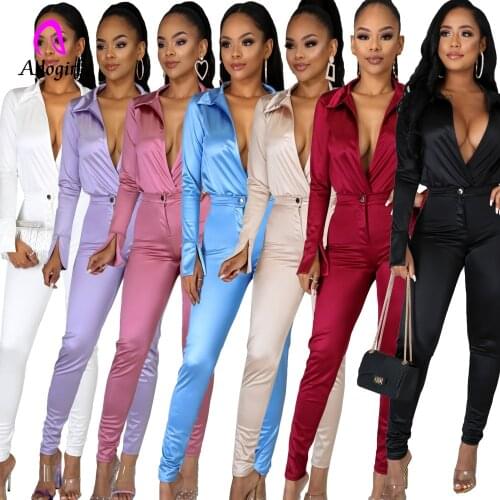 Satin Women 2 Piece Set Office Lady Deep V Neck Bodysuit Shirt + High Waist Pants Elegant Solid Two Pieces Party Clubwear Sets