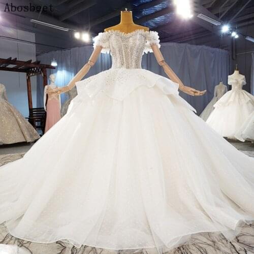 Off Shoulder White Wedding Dress with 200CM Cathedral Train Shiny Beads Top Elegant Ball Gown Bridal Dress 2021 New