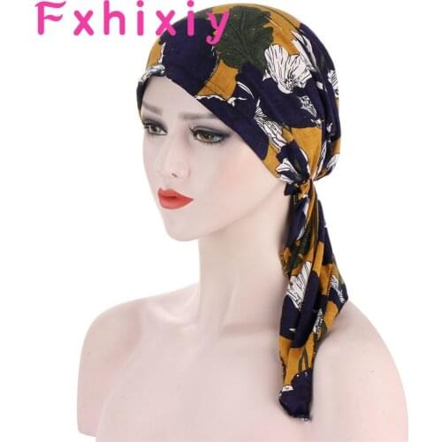 Bohemia Muslim Long Tail Headwear Turban Elastic Cotton Head Scarf Chemo Hat Turban Pre-Tied Flowers Printed Headwear