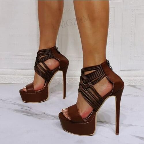 BERZIMER Women Platform Sandals Back Zip Faux Leather Thin High Heels Pump Open Toe Party Ladies Shoes Woman Big Size 44 47 52