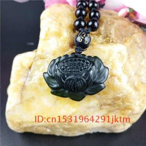 Flower Black for Jade Green Men Natural Pendant Chinese Gifts Jewelry Necklace Obsidian Lotus Carved Amulet Charm Accessories