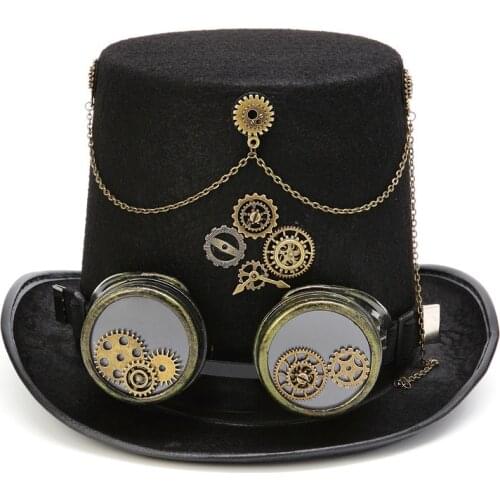 Steampunk Top Hat Gear Chain Glasses Gentleman Hat Goth Punk Hat Halloween Cosplay Hat Magician Hat