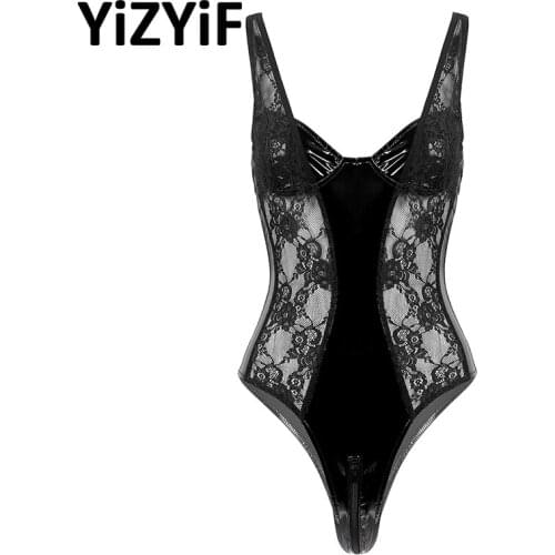 Women Wet Look Patent Leather Lingerie Bodysuit Sexy Deep V Neck Lace Spliced Leotard Bodysuit Lingerie Erotic Costume Nightwear