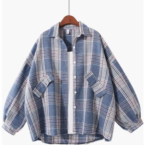 Women Plaid Jacket Long-sleeved Woolen Cardigan Loose Big Size High Quality Lantern Sleeve Spring Autumn Coat Check Outwear 2020