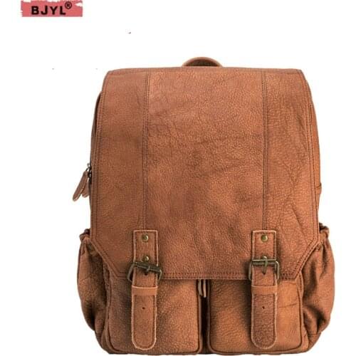 BJYL Original new England retro Laptop bag men Backpacks Brown Genuine leather shoulder bag men scrub leisure travel backpack