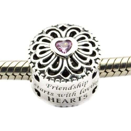 Fits For Pandora Bracelets Love and Friendship Charms With Pink Cubic Zirconia 100% 925 Sterling Silver Beads Free Shipping