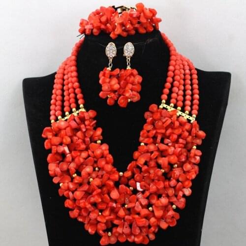 Luxury Nigerian Wedding African Coral Beads Jewelry Set 2017 Bridal Indian Jewelry Set for Women Coral Free Shipping CNR501