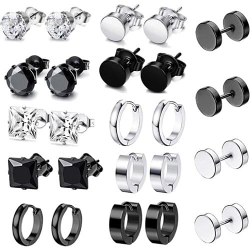 634D 12 Pairs/Set Stainless Steel Punk Earrings Hip Hop Rock Ear Studs Drop Dangle Pendant Unisex Women Men Jewelry Gifts