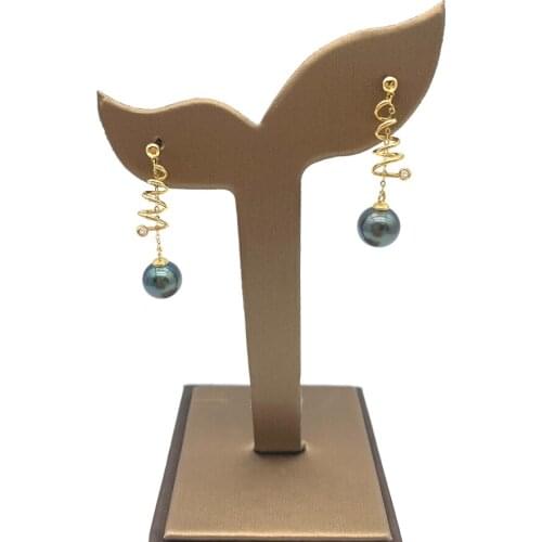 FoLisaUnique Natural Peacock Green Black Tahitian Pearl Earring For Women Real Diamond 18K Gold Setting Stud Dangle Jewelry