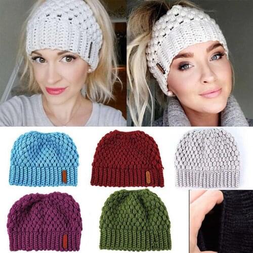 Women Girls New Autumn Spring Warm Empty Top Hat Messy High Bun Ponytail Beanie Stretch Knit Colorful Hole Cap Hot Fashion