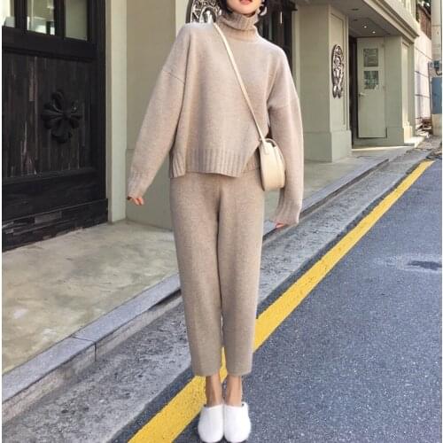 Spring Winter Knitted Tracksuit Turtleneck Sweatshirts Fashion Women Suit Clothing 2 Piece Set Pant Female