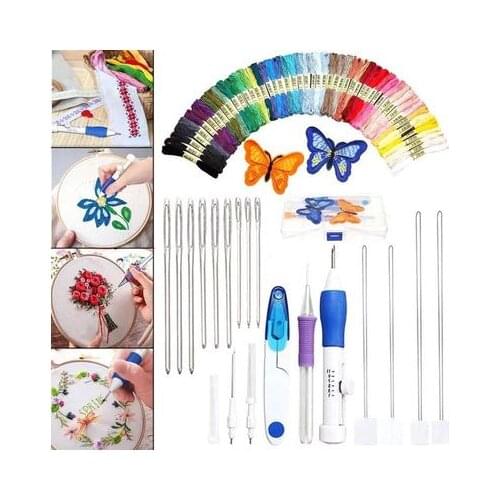 Magic DIY Embroidery Pen Knitting Sewing Tool Kit Punch Needle Set w/50 Threads Plastic+Steel Home Decoration Ornaments