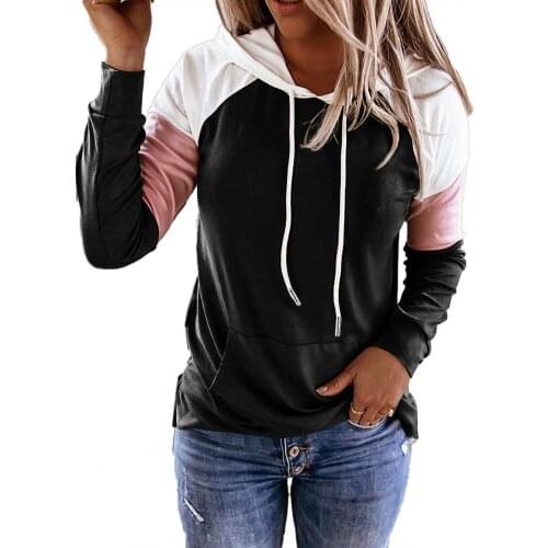 Lady Casual Loose Long Sleeve Color Block Hoodie with Pocket Pullover Sweatshirt