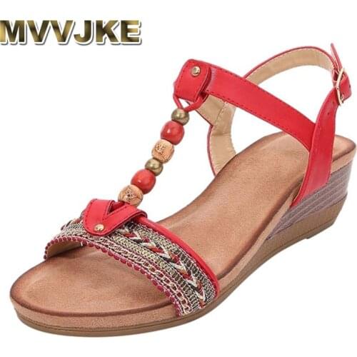 MVVJKE New Women Wedge Sandals Beach Open Toe Roman Sandals Vintage Beaded Bohemian Sandals Shoes Solid Rubber Insoles Summer