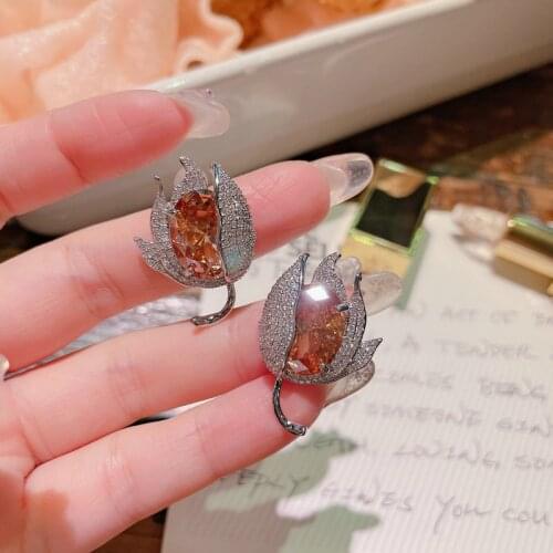 Luxury 925 Silver Errings for Women 2021 New Champagne Color Zircon Bud Stud Earring Girls Bridal Wedding Engagement Jewelry