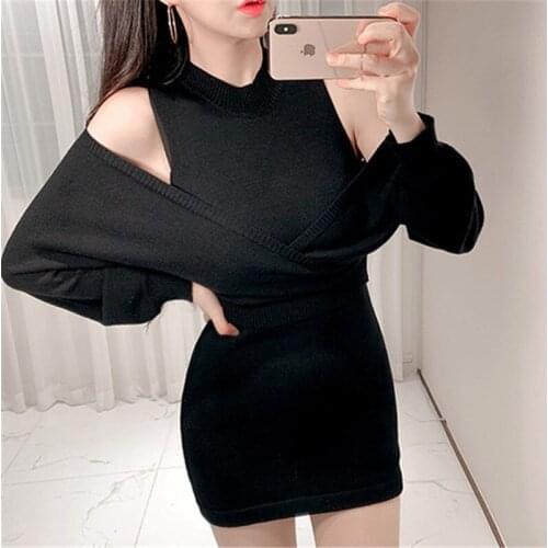 Runway 2 Piece Set Set 2020 Autumn Women Elegant Fashion Bat Sleevet Knitting Top+Mini Slim Vest Skirt OL Women Office Work Set