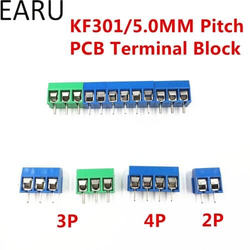 100Pcs/lot KF301-5.0-2P KF301-3P KF301-4P Pitch 5.0mm Straight Pin 2P 3P 4P Screw PCB Terminal Block Connector Blue Green