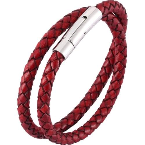 Trendy Bracelet Multilayer Leather Bangles Steel Snaps Red Braided Multi Layer Wrap Bracelet Unisex Jewelry Bangles BB0488