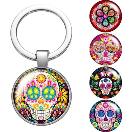 Punk Skull Flowers Rose skulls glass cabochon keychain Bag Car key chain Ring Holder silver color keychains for Man Women Gifts