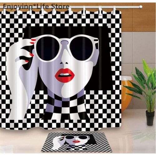 Black & White Grid Shower Curtain Rug Fashion Girl Waterproof Fabric Shower Curtain Set Bathroom Mat Bath Decorwith Mat 12 Hooks