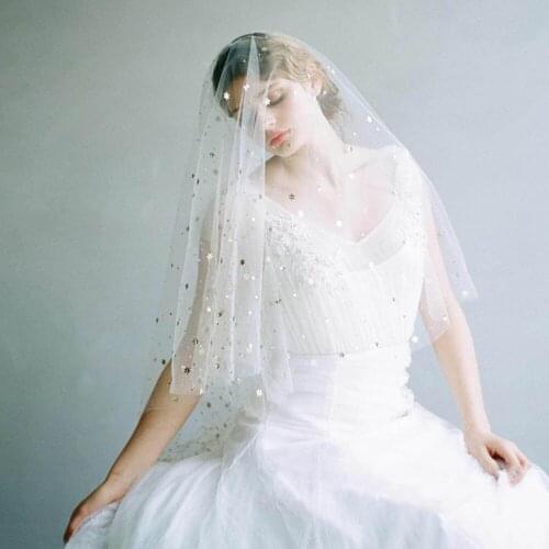 Wedding Women Bridal Tulle Fingertip Veil Two-layer with Comb Gold Starry Long Veil Elegant Retro Wedding Lady Accessory Bride