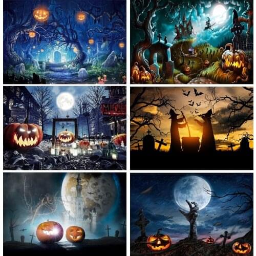 Halloween Photography Background Castle Skull Witch Forest Crow Grave Moon Pumpkin Baby Birthday Party Backdrop for Photo Studio