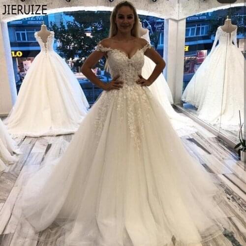 JIERUIZE Modern White Off Shoulder Wedding Dresses Appliqued Lace up Back A Line Bridal Dresses Wedding Gowns vestido de noiva